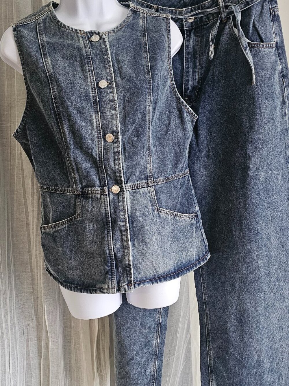 Women's Indigo Denim Vest Wide Leg Jeans Set Size L NEW
